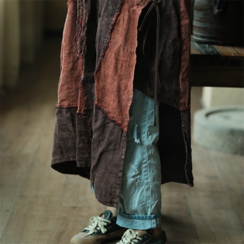 Vintage Patchwork Cotton Linen Dress, Loose Boat Neck Linen Dress