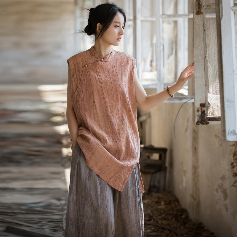 Vintage Standing Collar Cotton Linen Dress, Sleeveless Summer Dress