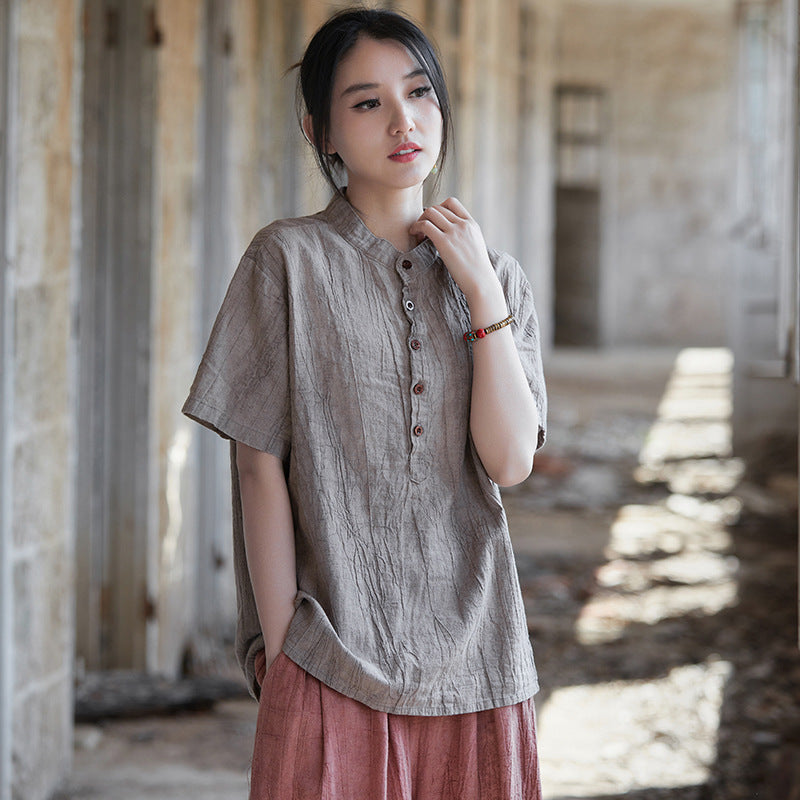 Summer tie-dye stone washed cotton linen short sleeve shirt, vintage boat neck cotton short sleeve shirt