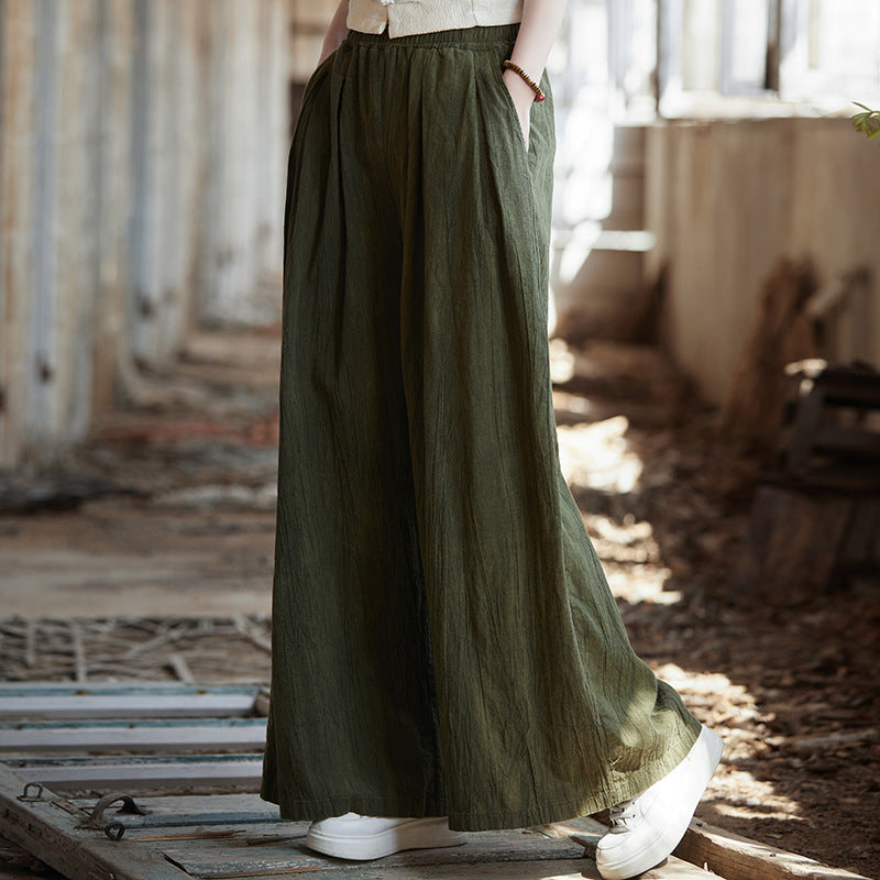 Vintage Cotton Linen Wide Leg Pants, Casual Elastic Waist Pants