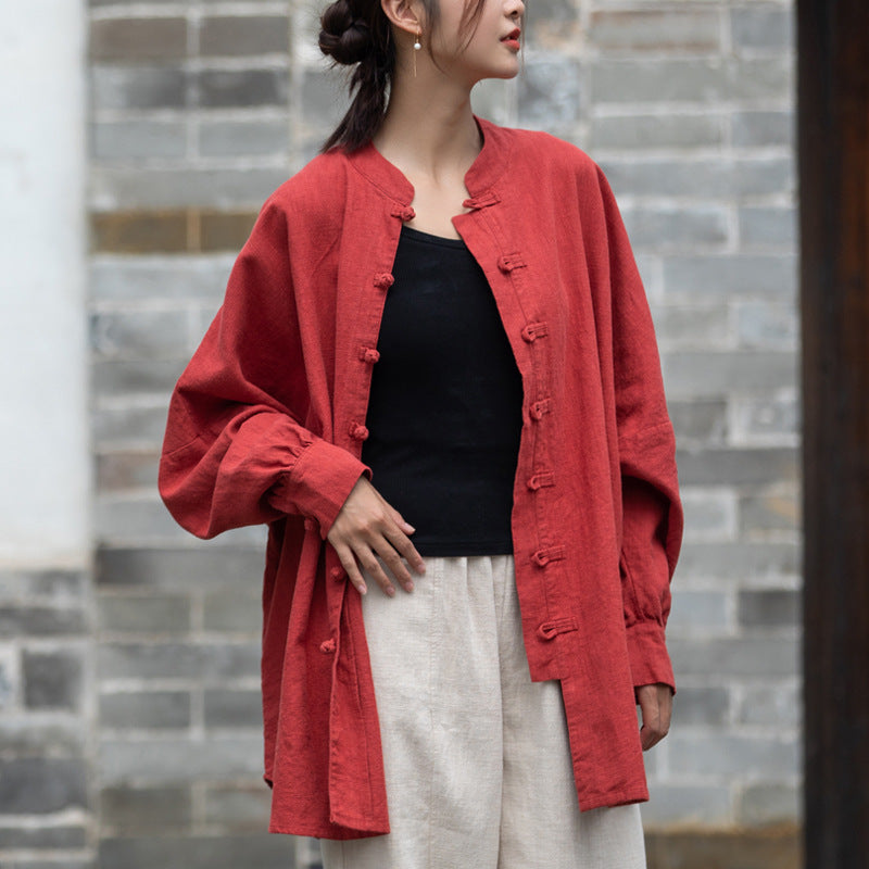 Loose Standing Collar Linen Shirt, Vintage Chinese Linen Shirt Plus size