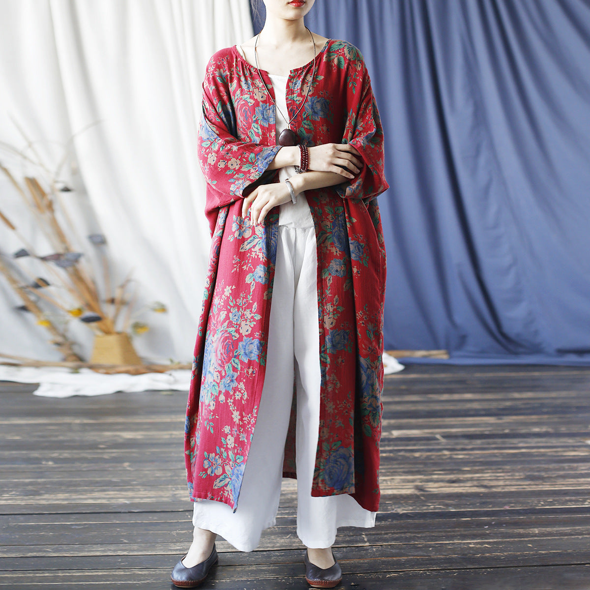 Red Loose Printed Dress, Floral Shirt Plus Size