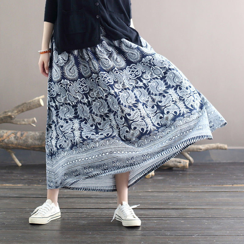 Vintage Printed Blue Skirt, Summer Elastic Waist Skirt