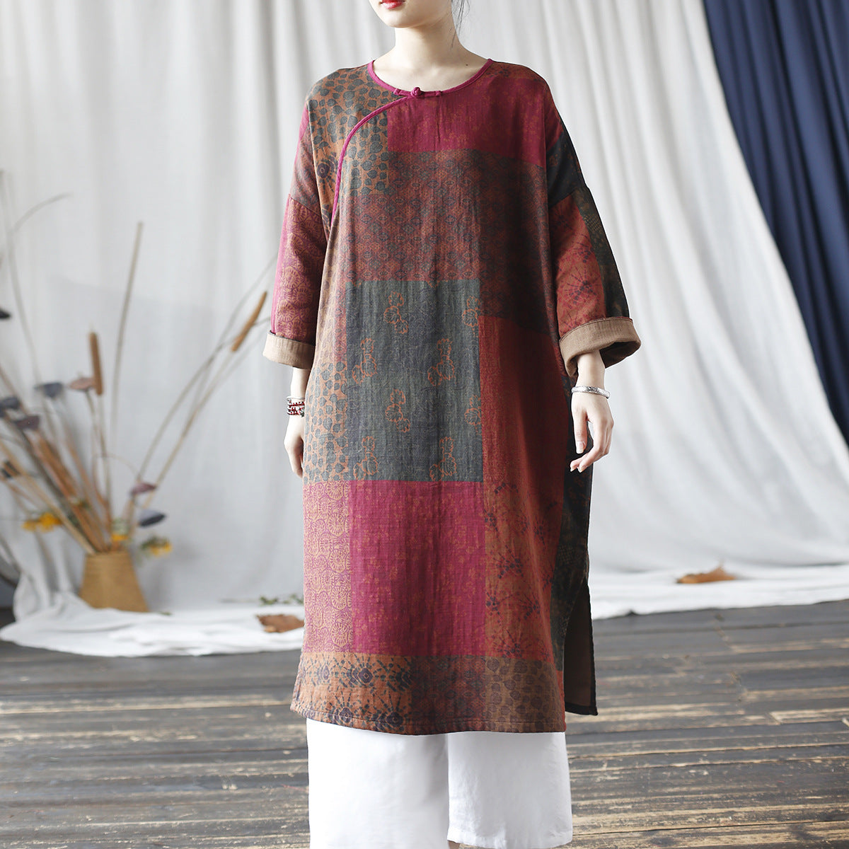 Vintage Boat Neck Printed Cotton Dress, Chinese Loose Casual Dresses