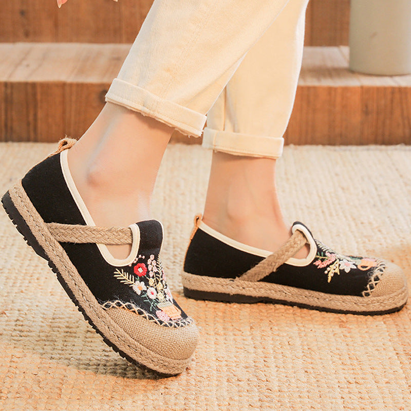 Summer Embroidery Flower Cotton Linen Shoes,Vintage Casual Shoes,Women's Handmade Loafers