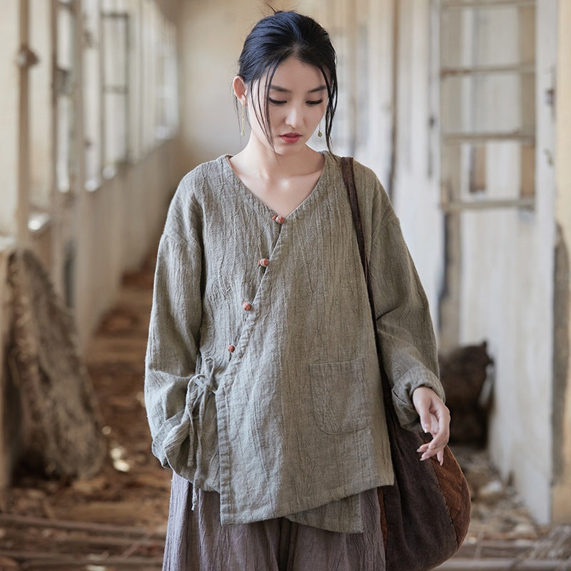 Vintage V-neck cotton  linen shirt, Chinese long-sleeved cotton and linen frog button shirt