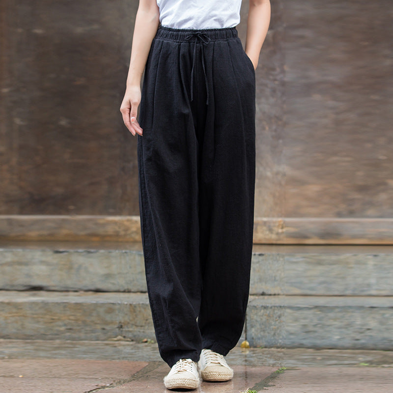 Vintage Beige Elastic Waist Summer Linen Pants