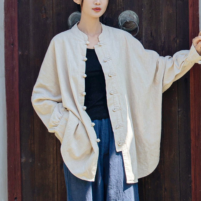 Loose Standing Collar Linen Shirt, Vintage Chinese Linen Shirt Plus size