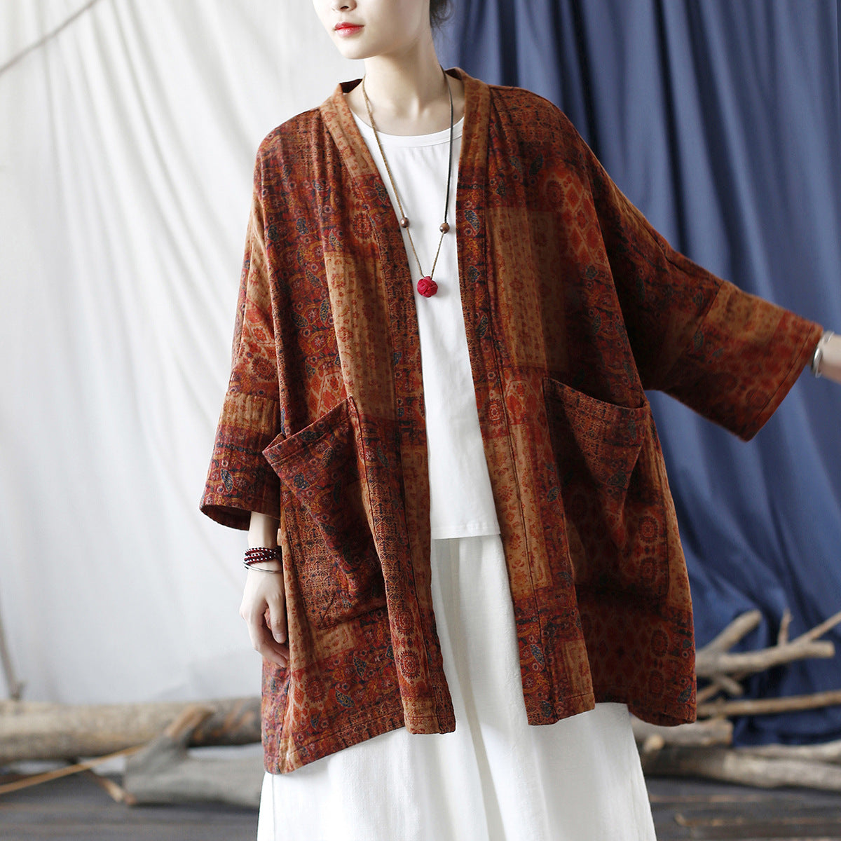 Loose printed cotton kimono, vintage cotton linen jacket