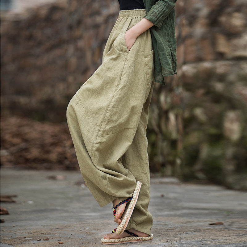 Women loose stone washed linen harem pants, summer cotton linen tapered pants, vintage elastic waist cotton linen wide leg pants