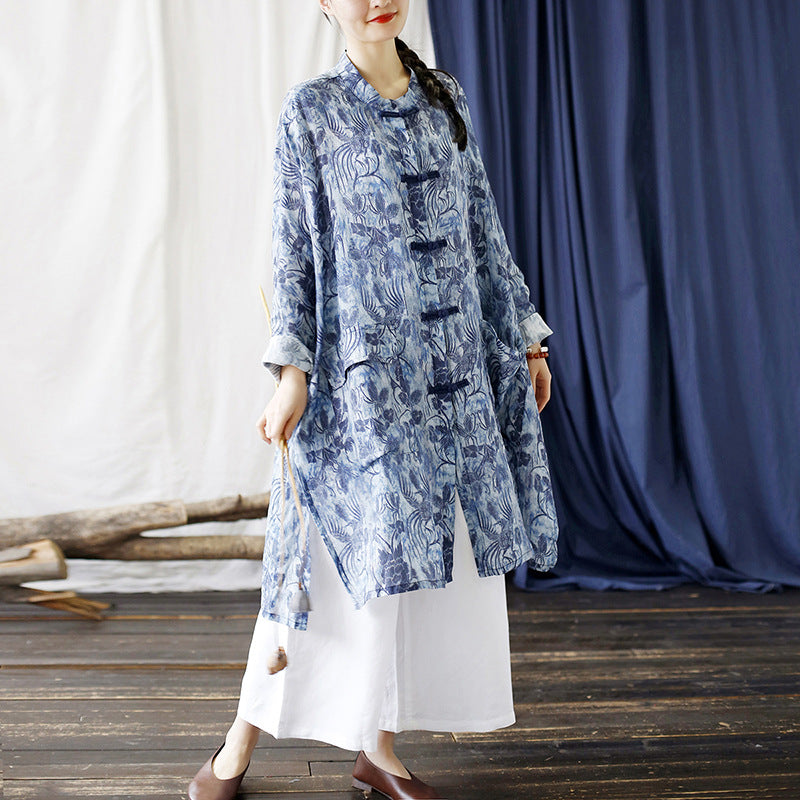 Summer Blue Botanical Printed Linen Shirt, Vintage Chinese Standing Collar Frog Button Casual Long Shirt Plus size