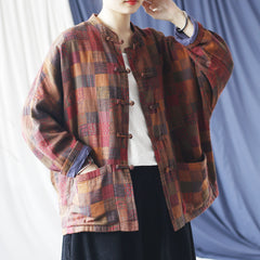 Vintage Standing Collar Printed Cotton Jacket, Chinese Loose Casual Jacket