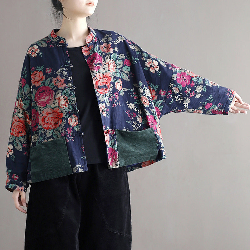 Vintage patchwork printed shirt, Chinese loose casual cotton linen jacket