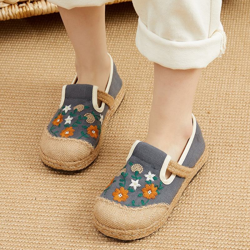 Embroidered Flower Cotton Linen Shoes,Vintage Casual Shoes,Women's Handmade Loafers