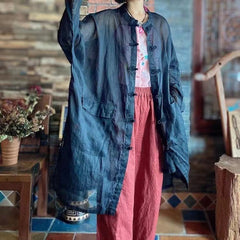 Summer Vintage Black Thin Shirt, Chinese Plate Button Linen Long Shirt