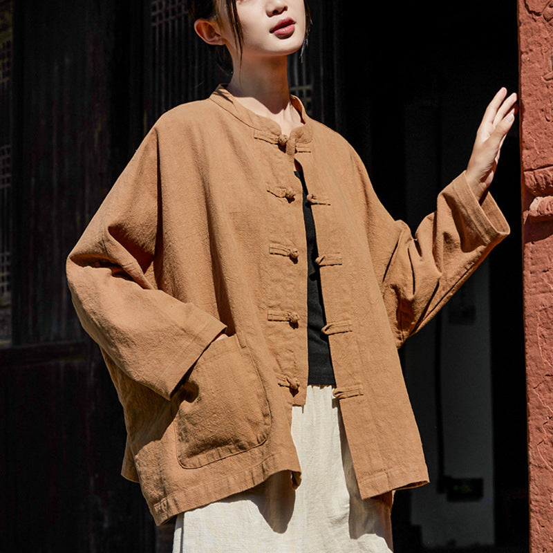 Loose Casual Linen Shirt, Vintage Chinese Standing Collar Frog Button Cotton Linen Shirt