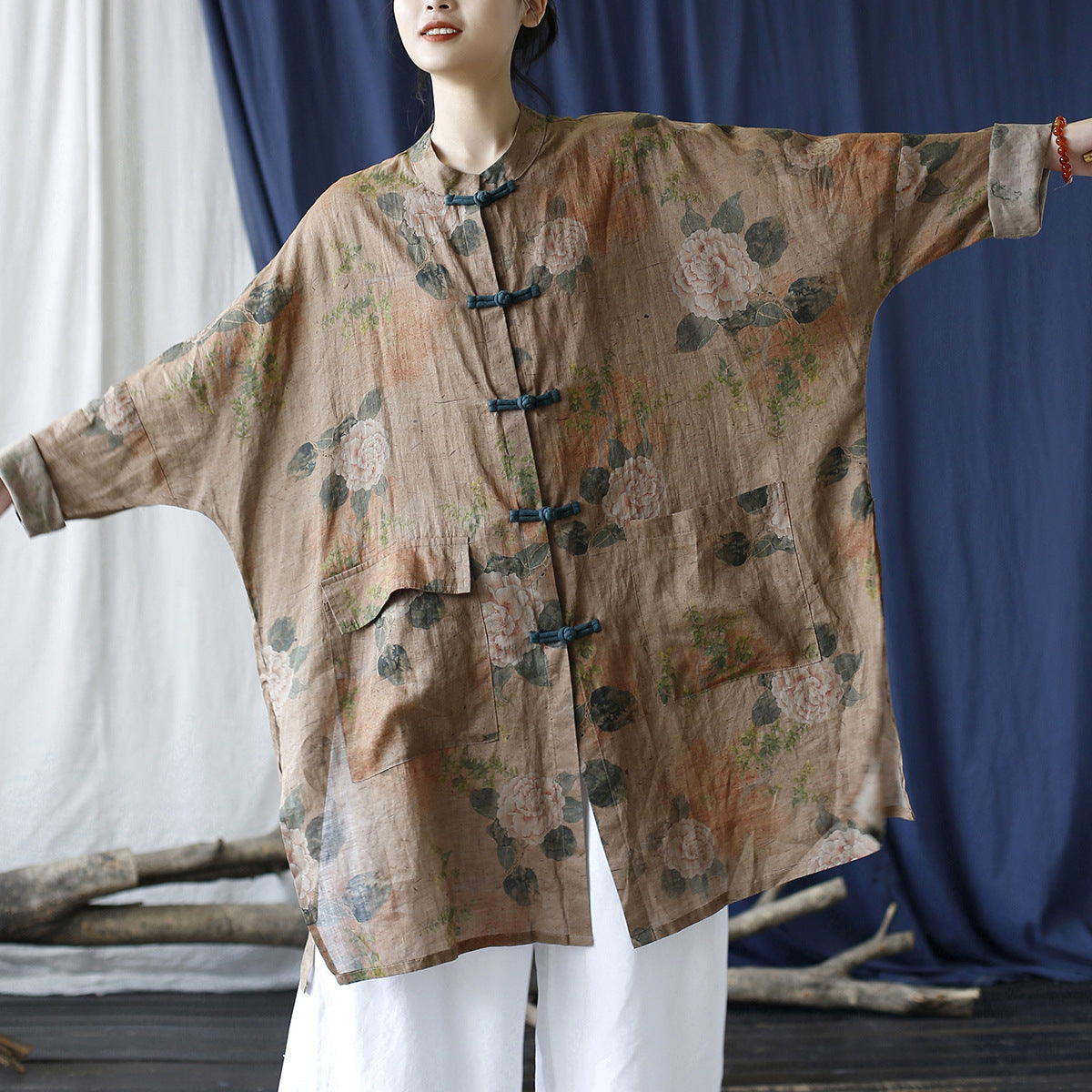 Summer Botanical Printed Linen Shirt, Vintage Chinese Standing Collar Frog Button Casual Long Shirt Plus size