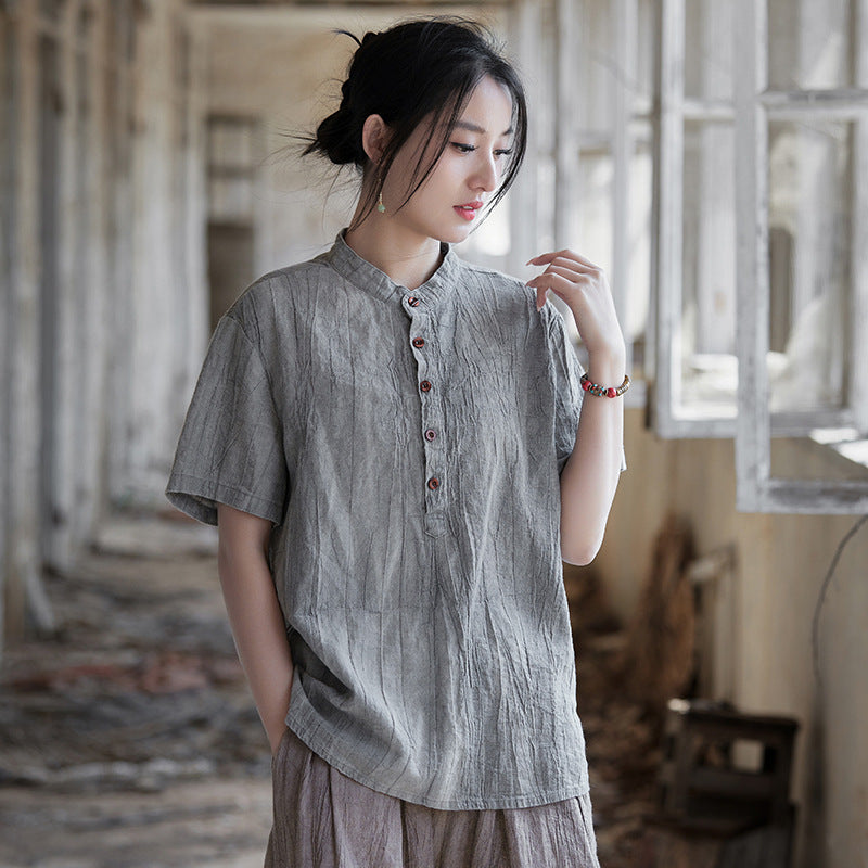 Summer tie-dye stone washed cotton linen short sleeve shirt, vintage boat neck cotton short sleeve shirt