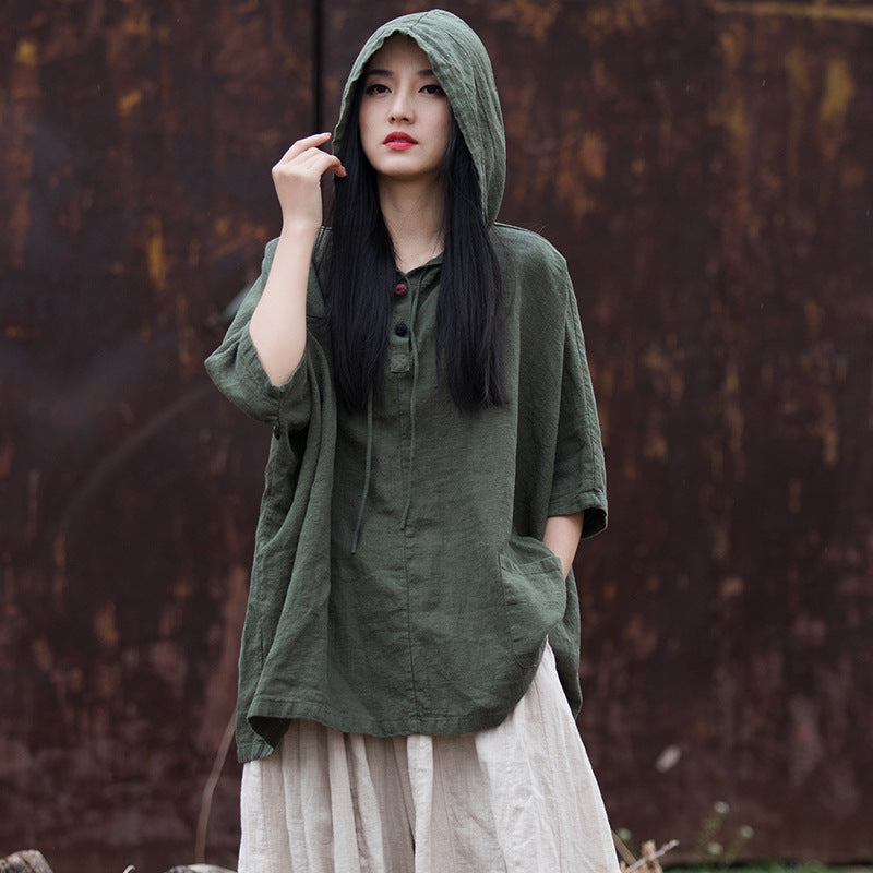 Casual cotton linen hooded shirt, cotton linen loose casual shirtplus size