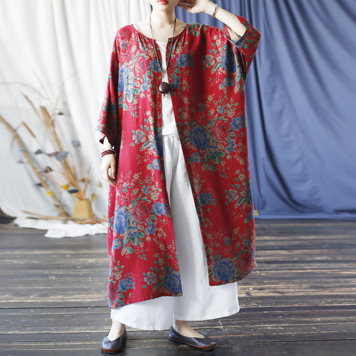 Red Loose Printed Dress, Floral Shirt Plus Size