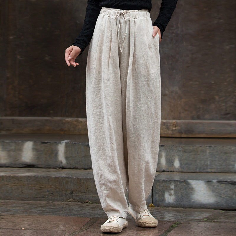 Vintage Beige Elastic Waist Summer Linen Pants