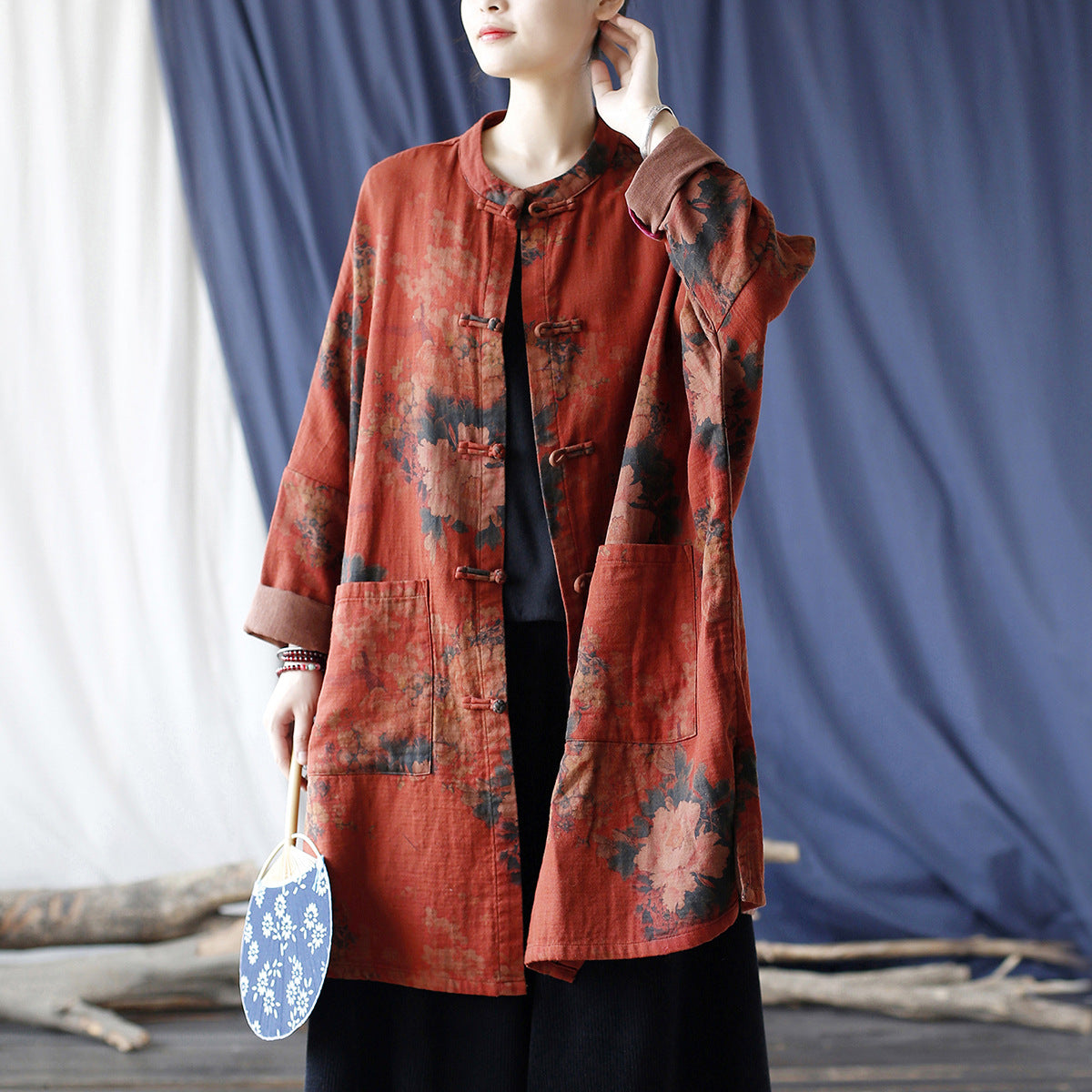 Red Loose Printed Jacket Plus size,Casual Cotton Shirt