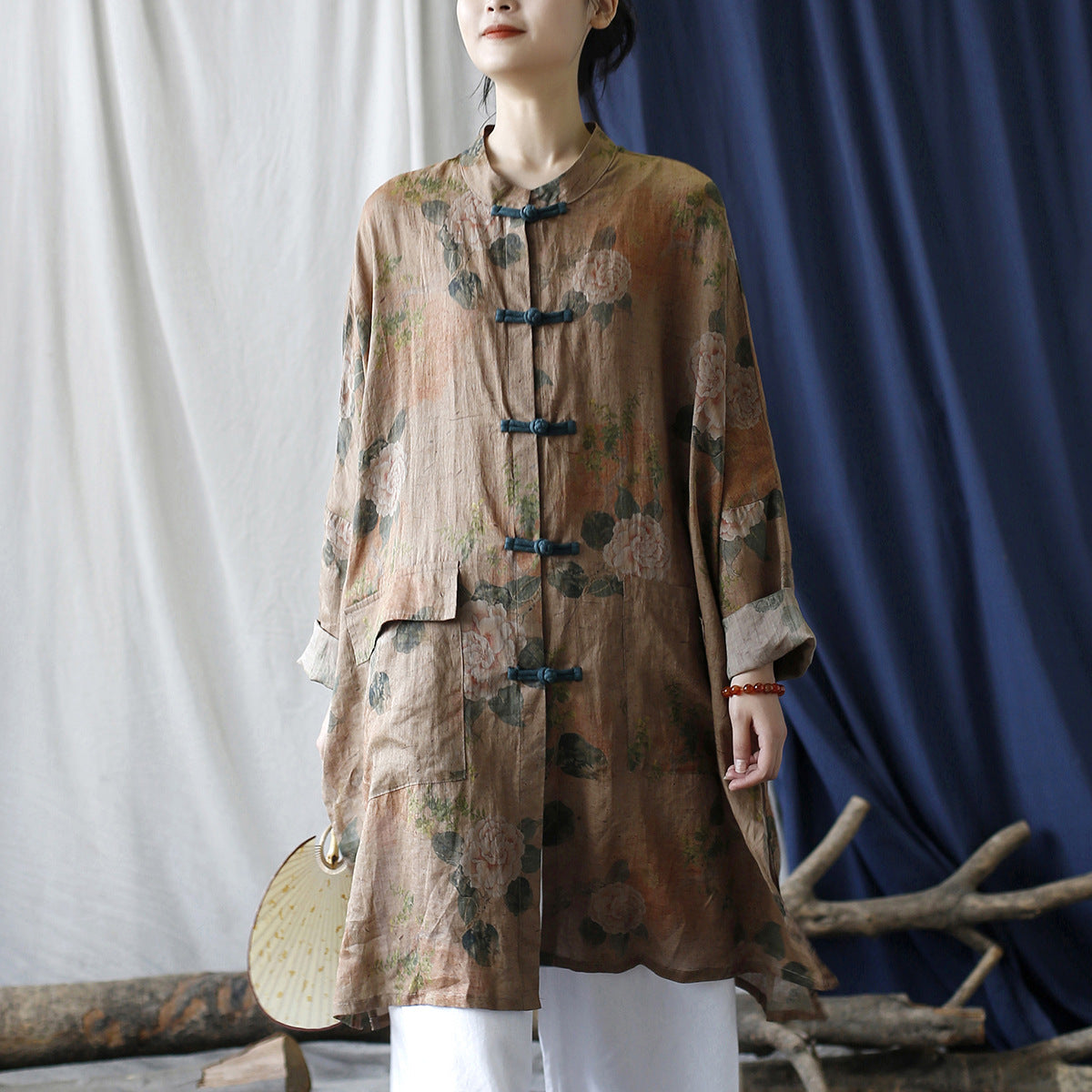 Summer Botanical Printed Linen Shirt, Vintage Chinese Standing Collar Frog Button Casual Long Shirt Plus size