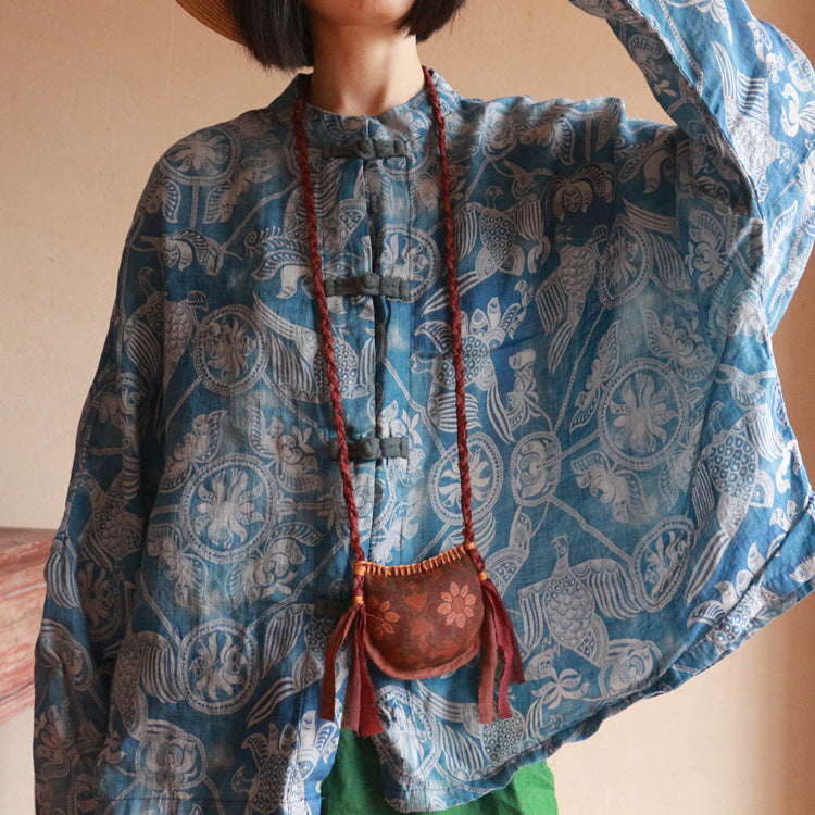 Blue Printed Linen Shirt, Vintage Chinese Standing Collar Linen Shirt