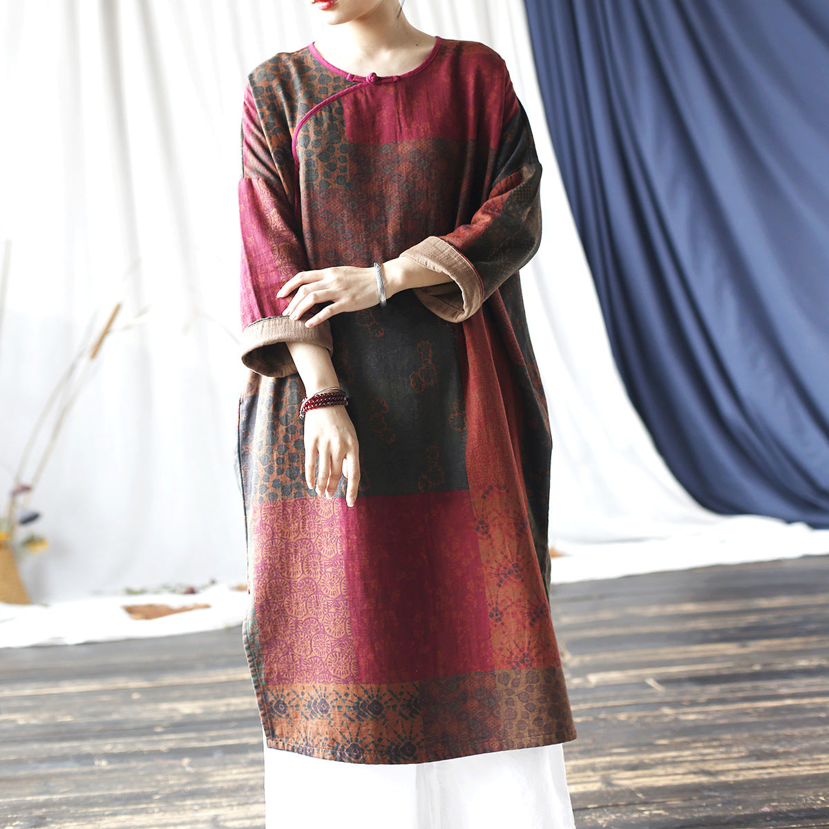 Vintage Boat Neck Printed Cotton Dress, Chinese Loose Casual Dresses