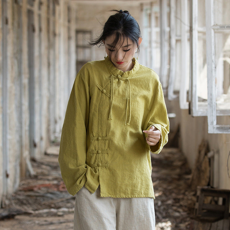 Vintage Chinese stand-up collar frog button long sleeve shirt, tie-dye stone washed pleated cotton linen shirt
