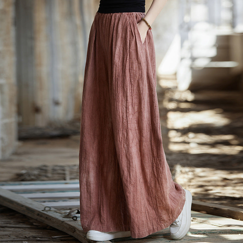 Vintage Cotton Linen Wide Leg Pants, Casual Elastic Waist Pants