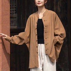 Loose Standing Collar Linen Shirt, Vintage Chinese Linen Shirt Plus size