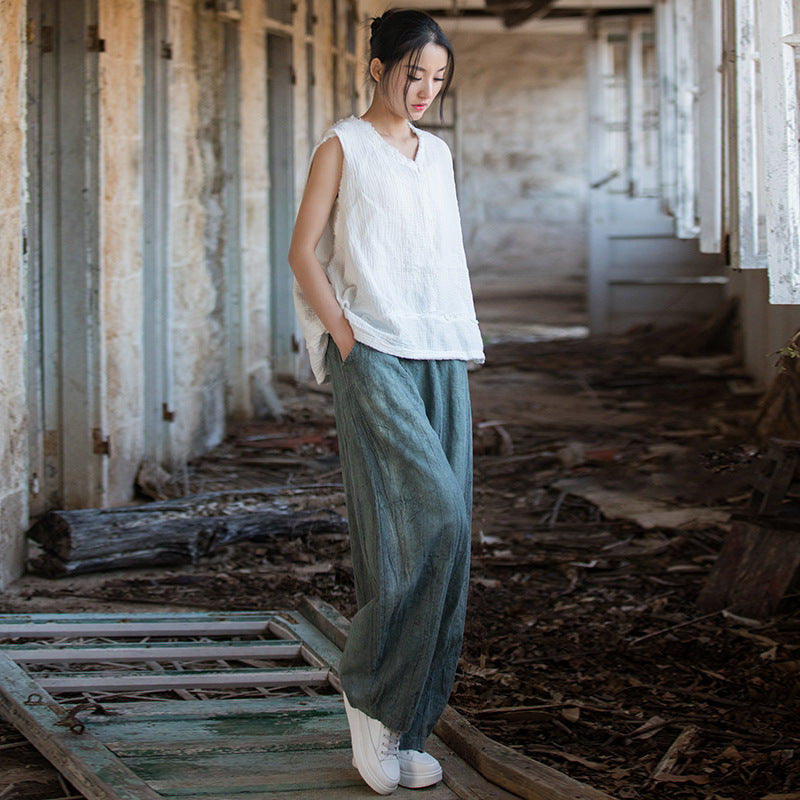 Linen pants, vintage women stonewashed linen wide leg pants, loose linen pants, elastic waist cotton linen casual pants, summer linen pants