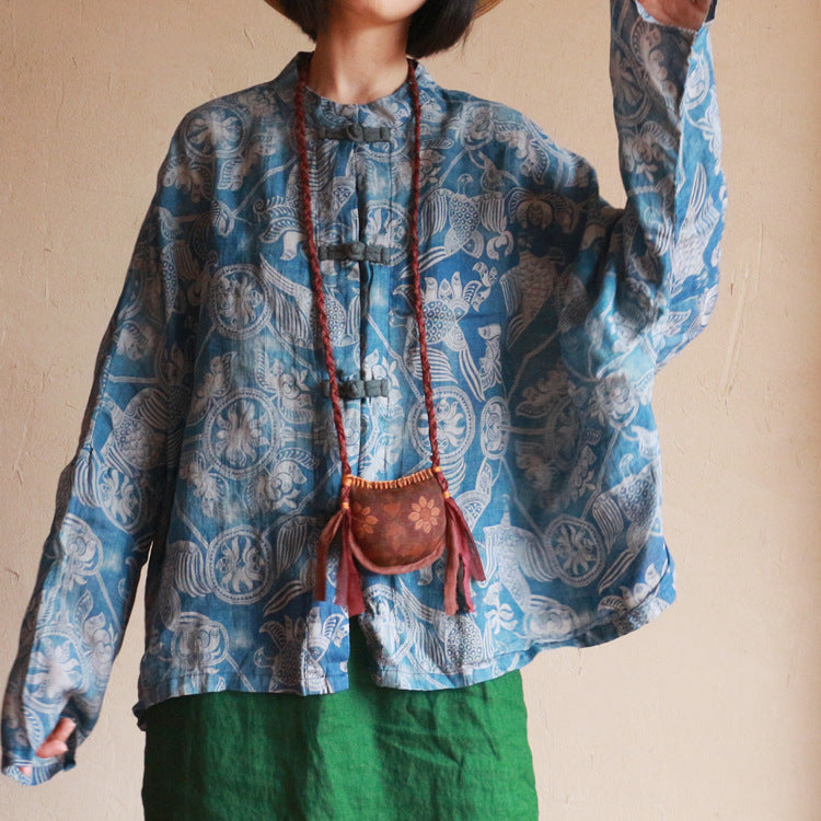 Blue Printed Linen Shirt, Vintage Chinese Standing Collar Linen Shirt