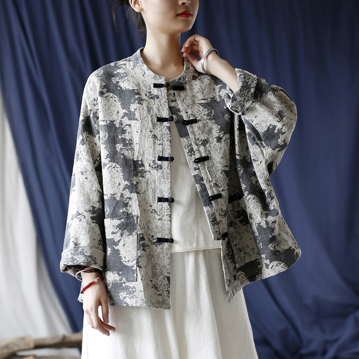 Chinese Vintage Standing Collar Printed Cotton Jacket,Loose Casual Jacket