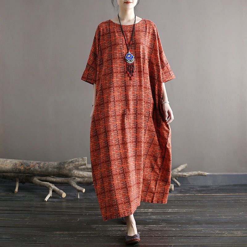 Oversize Plaid Printed Dress,Loose Casual Boat neck Cotton Dress Plus size