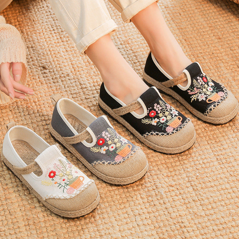 Summer Embroidery Flower Cotton Linen Shoes,Vintage Casual Shoes,Women's Handmade Loafers