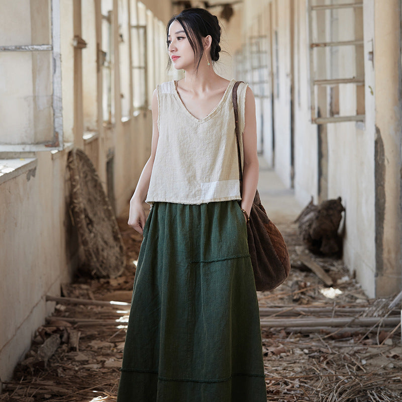 Sleeveless Cotton Linen Vest, Summer V-Neck Top