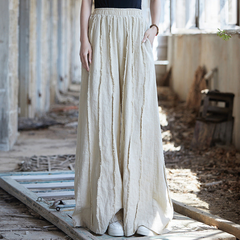 Linen wide leg pants, stone washed vintage  cotton linen pants, elastic waist loose pants