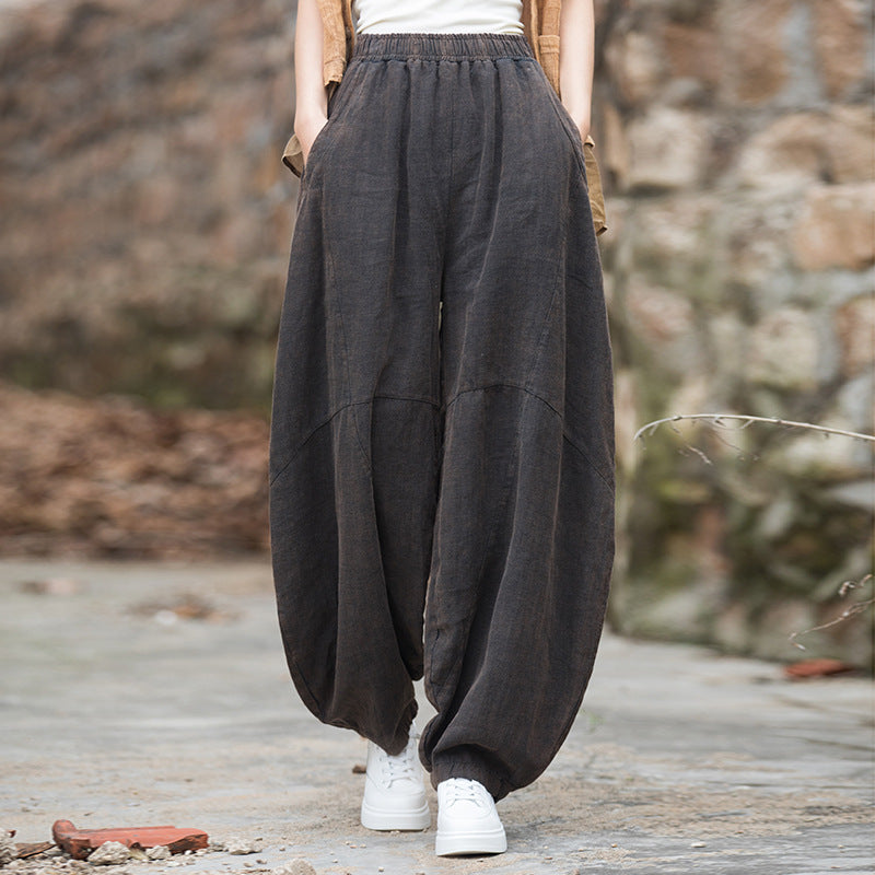 Women loose stone washed linen harem pants, summer cotton linen tapered pants, vintage elastic waist cotton linen wide leg pants