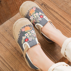 Summer Embroidery Flower Cotton Linen Shoes,Vintage Casual Shoes,Women's Handmade Loafers