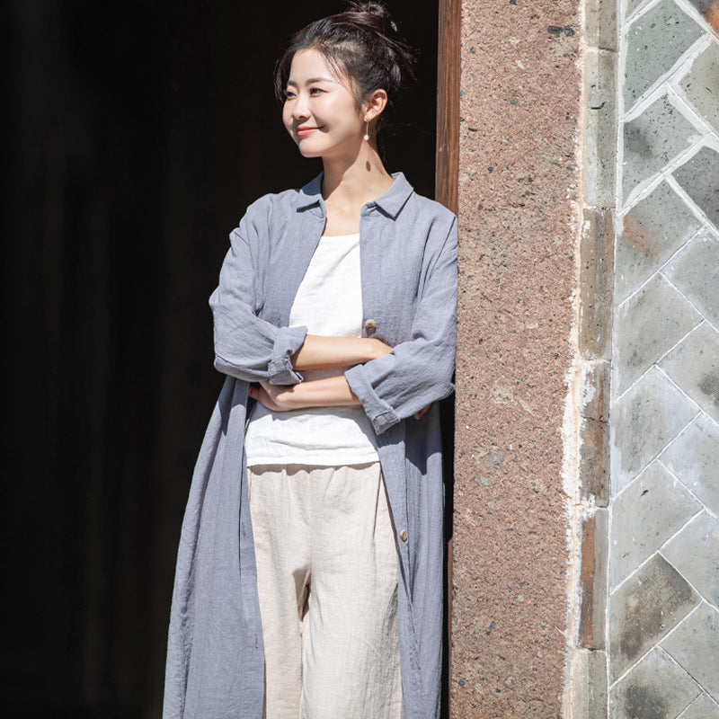 Summer loose casual linen shirt, vintage Chinese cotton shirt