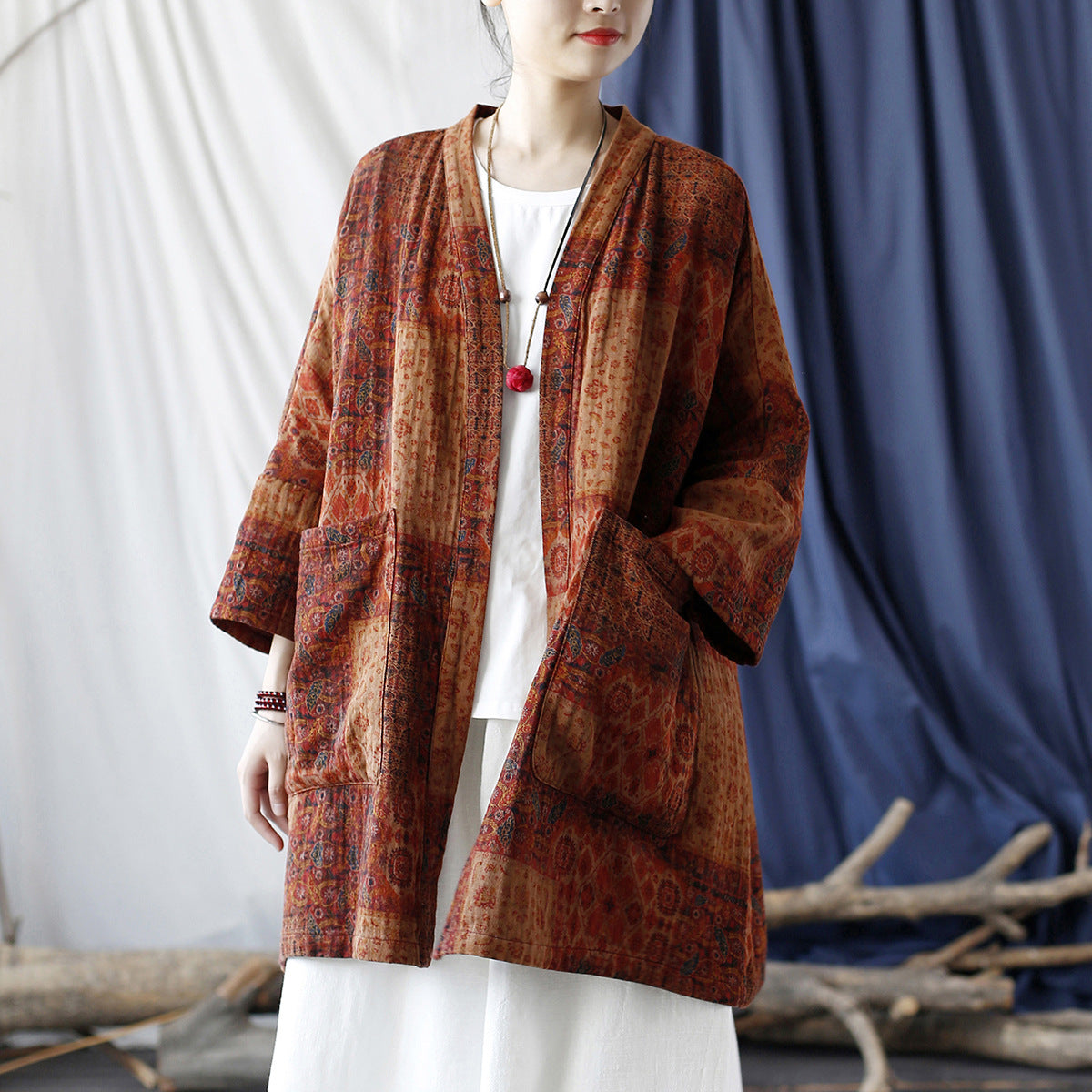 Loose printed cotton kimono, vintage cotton linen jacket