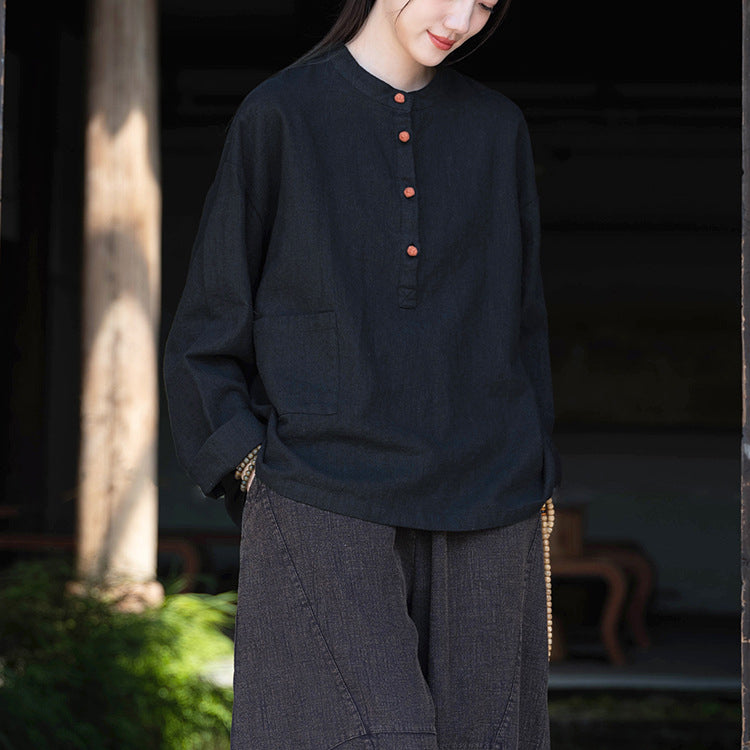 Standing collar linen shirt, vintage Chinese linen shirt