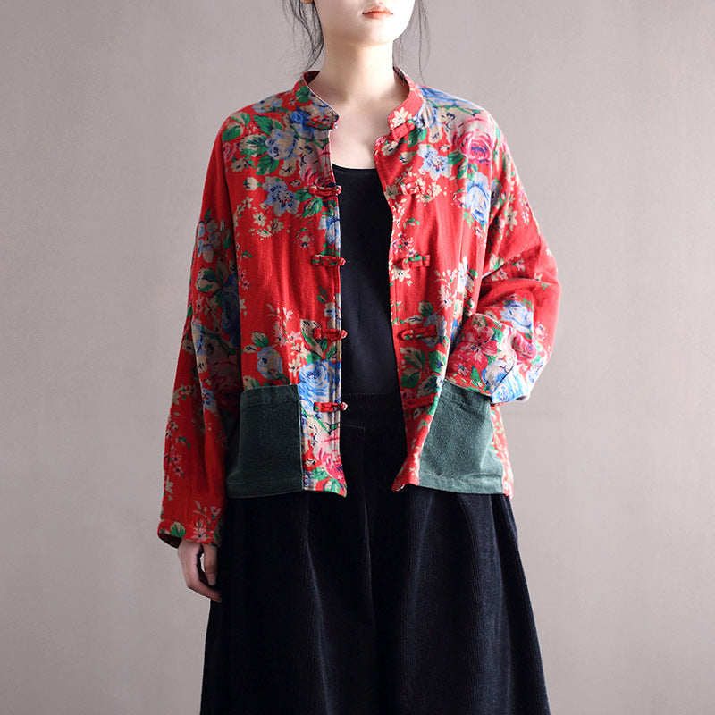 Vintage patchwork printed shirt, Chinese loose casual cotton linen jacket