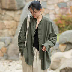 Vintage stand-up collar loose cotton linen shirt, Chinese casual linen frog button shirt plus size