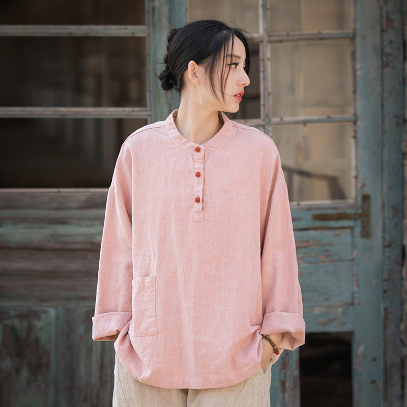 Boat neck cotton linen shirt, Chinese long sleeve cotton linen shirt