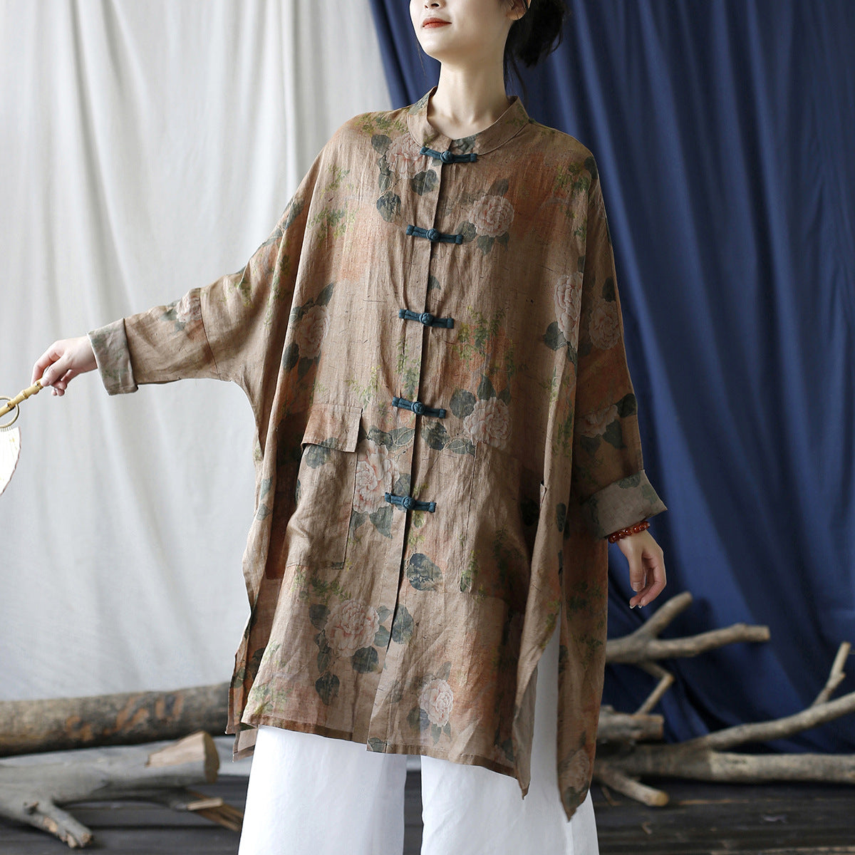 Summer Botanical Printed Linen Shirt, Vintage Chinese Standing Collar Frog Button Casual Long Shirt Plus size