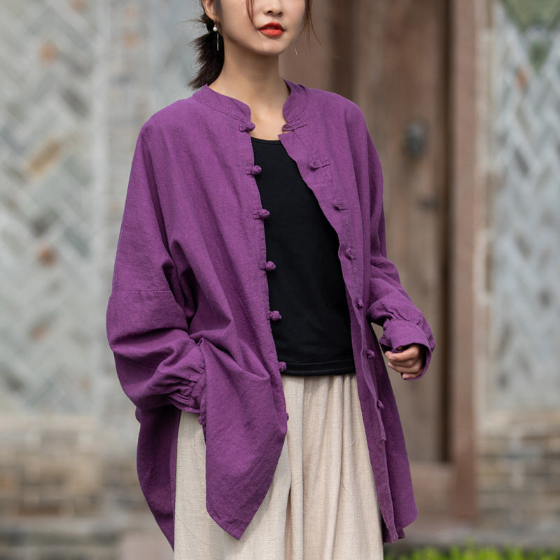 Loose Standing Collar Linen Shirt, Vintage Chinese Linen Shirt Plus size