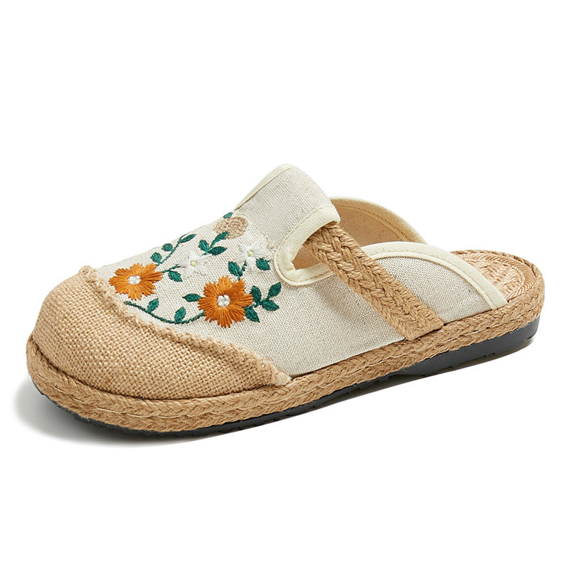 Summer Flower Embroidery Slippers,Vintage Handmade Cotton Linen Shoes,Bohemian Slippers